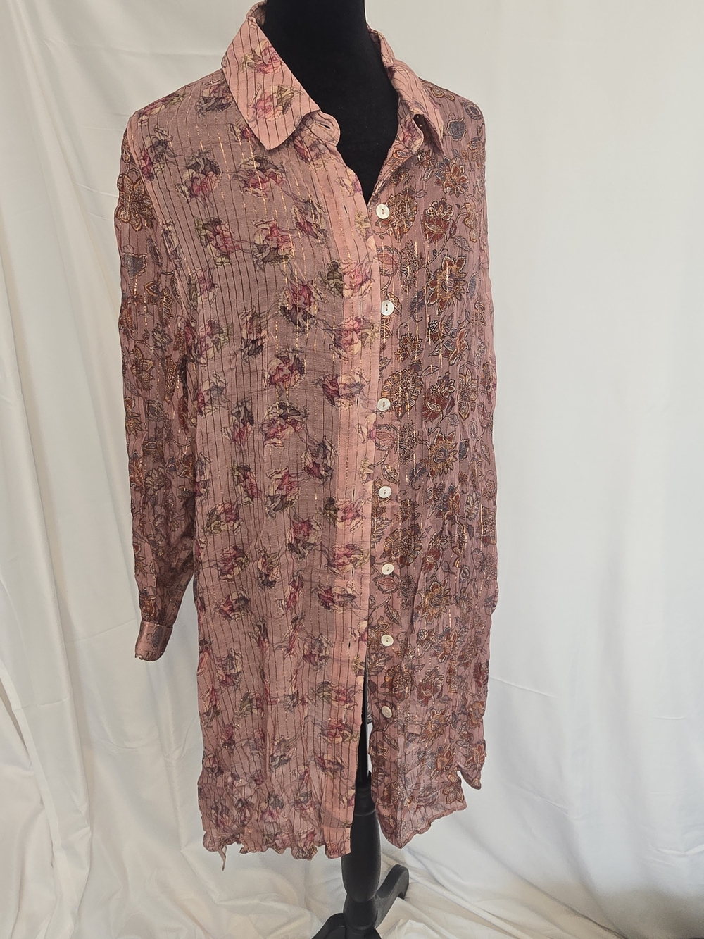Soft Surroundings Pink Striped Floral Tunic Blouse